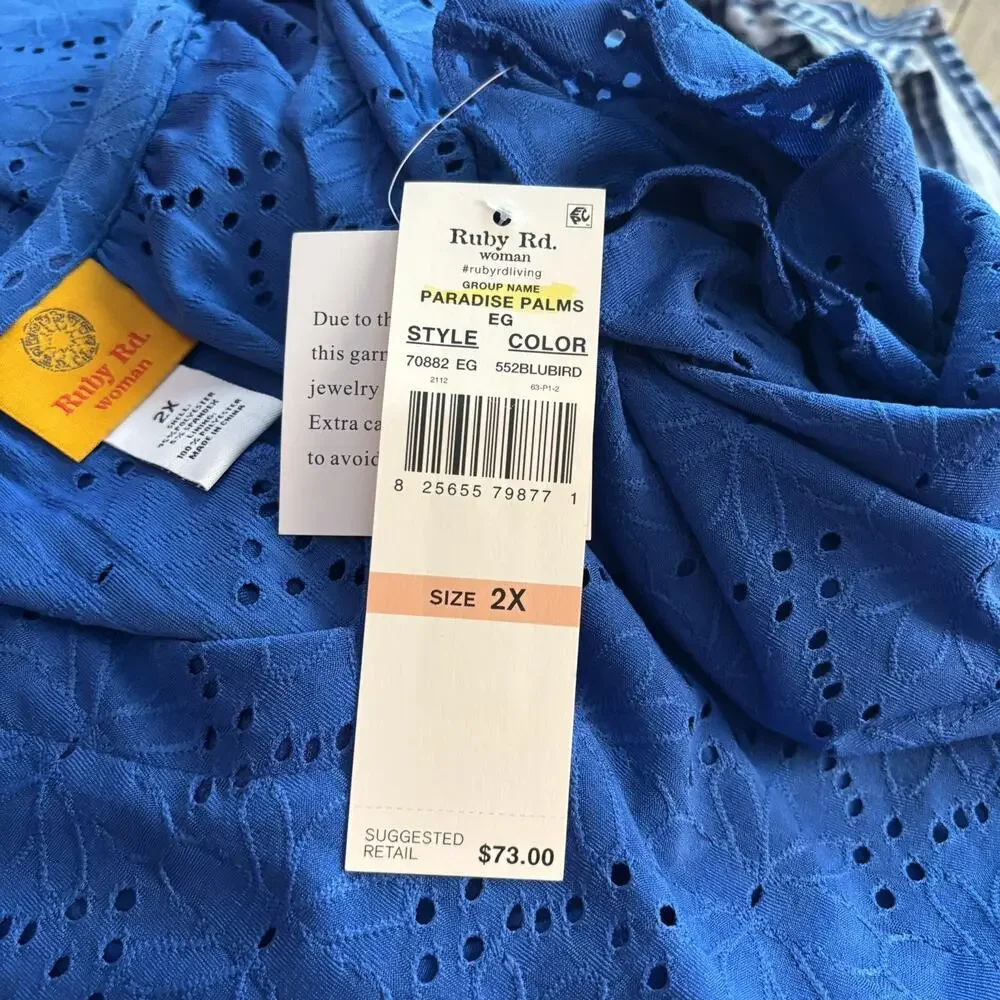 RUBY RD. Blue Lined Floral Shift Dress V-Neck Plus Size 2X New NWT